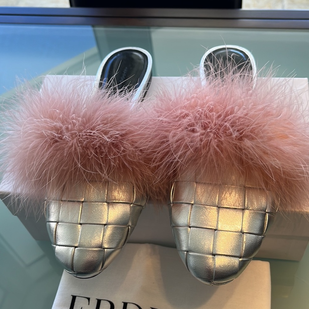ERDEM Aerin Silver Quilted Mules w/Pink Feathers Prada Miu Miu 40 9.5 - Picture 2 of 9